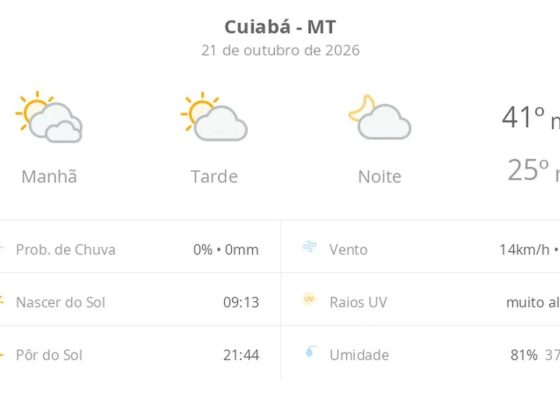 Previsão do tempo hoje para Cuiabá (MT): dia de sol com algumas nuvens e névoa ao amanhecer; noite com poucas nuvens